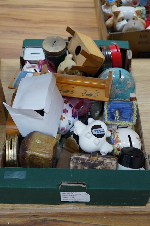 A large collection of mostly late 20th century pottery, metal and wooden novelty money boxes, including Rye, Staffordshire etc. (3 boxes). Condition - mostly fair to good.